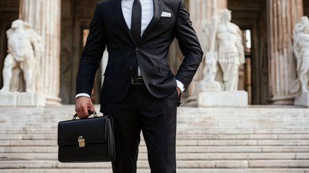 A confident businessman stands at the steps of a historic building, holding a briefcase. His formal attire exudes professionalism and elegance, perfect for any business setting.の素材