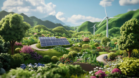 Vibrant green landscape showcasing solar panels and wind turbines, emphasizing renewable energy and eco-friendly practices in a serene natural environment.の素材