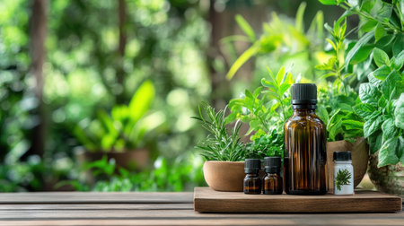 Discover the soothing essence of natural essential oils alongside fresh herbs in a peaceful garden setting, perfect for promoting wellness and relaxation.の素材