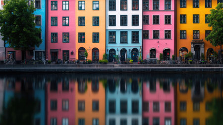 A serene canal view showcasing colorful buildings with reflections in the water. This vibrant scene captures urban beauty and charm in a picturesque setting.の素材