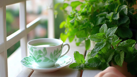 A serene cup of green tea alongside fresh mint leaves on a bright balcony, offering a perfect scene for relaxation and tranquility in nature.の素材