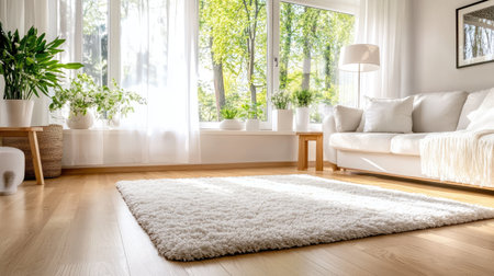 A cozy living room bathed in natural light showcasing soft textures and greenery. The airy space features a minimalist design with a plush rug and inviting decor.の素材