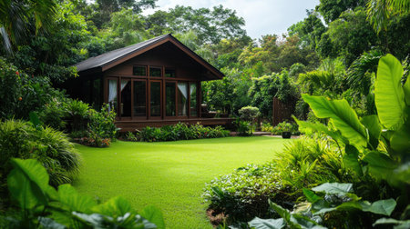 A serene garden retreat featuring a cozy cabin nestled among lush greenery. Vibrant plants and manicured lawns create a tranquil outdoor space for relaxation.の素材