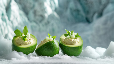 Delightful fresh avocado halves filled with a creamy mixture, garnished with herbs, set against a cool icy background. Perfect for gourmet presentations.の素材