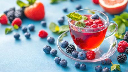 A vibrant cup of herbal tea filled with fresh berries and mint leaves. Perfect for summer gatherings, it showcases colorful ingredients and healthy refreshment.の素材