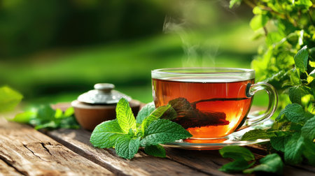 A soothing cup of fresh mint tea sits on a wooden table, surrounded by vibrant green mint leaves, capturing the essence of relaxation and natural beauty.の素材