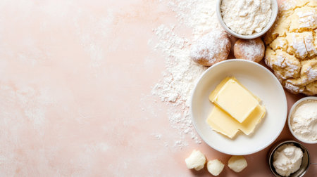 A collection of fresh baking ingredients including butter, flour, and sugar on a soft pink background, perfect for culinary projects and recipe illustrations.の素材