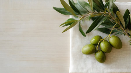 A beautiful arrangement of fresh green olives and an olive branch on a soft linen tablecloth. Perfect for culinary inspiration, healthy recipes, or Mediterranean themes.の素材