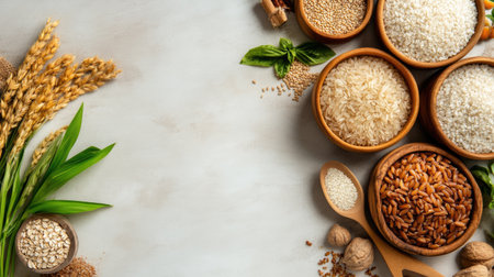 Discover an inviting display of assorted grains and seeds arranged thoughtfully in wooden bowls. Perfect for culinary inspiration and healthy eating ideas.の素材