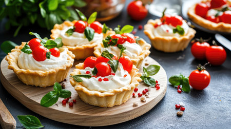 Explore a vibrant display of mini tarts topped with creamy filling and fresh cherry tomatoes, perfect for any occasion or celebration with elegant presentation.の素材
