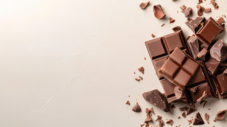 A delightful arrangement of smooth chocolate pieces and shards scattered on a light background, perfect for dessert lovers and food enthusiasts.の素材