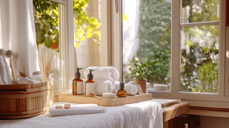A serene spa arrangement featuring natural skincare products, soft towels, and plants beside a bright window, creating an inviting atmosphere for relaxation.の素材