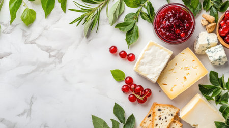 A beautiful cheese board featuring assorted cheeses, fresh berries, sweet jam, and green leaves, perfect for entertaining or casual dining occasions.の素材