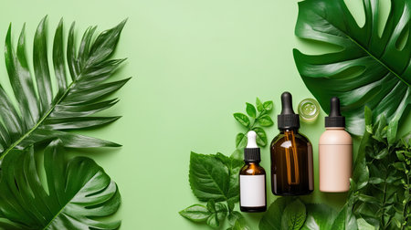 A serene arrangement of skincare products surrounded by lush green leaves offers a refreshing aesthetic. Perfect for wellness, beauty, and natural health themes.の素材