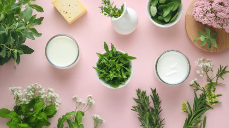 A visually appealing arrangement of fresh herbs, dairy products, and cheese on a soft pink background. Perfect for culinary inspirations, healthy recipes, or food presentations.の素材