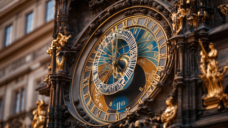 Explore the intricate details of an astronomical clock showcasing stunning design elements and intricate craftsmanship, a true urban landmark.の素材