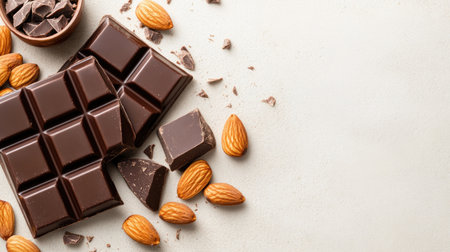 A beautifully arranged dark chocolate bar with broken pieces surrounded by almonds. Perfect for showcasing gourmet treats and desserts.の素材