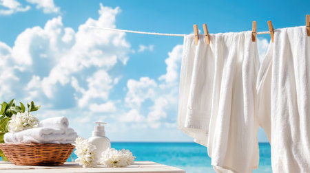 Fresh white towels elegantly hang on a clothesline by the beach, complemented by a serene ocean view and clear blue skies, evoking relaxation and summer vibes.の素材