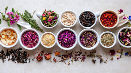 A vibrant assortment of dried herbs and spices arranged in white bowls, showcasing the beauty and diversity of natural ingredients used in cooking and wellness practices.の素材