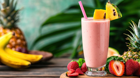 This vibrant tropical fruit smoothie features strawberries, pineapple, and banana. A refreshing beverage perfect for summer, showcasing freshness and nutrition.の素材