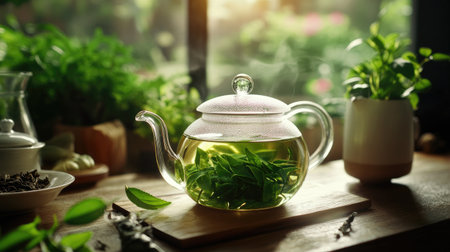 A serene scene featuring a glass teapot filled with fresh green tea leaves, bathed in warm sunlight, creating a peaceful atmosphere for relaxation and enjoyment.の素材