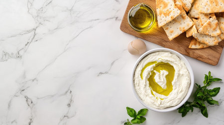 A vibrant marbled background highlights a creamy dip drizzled with olive oil, accompanied by crispy crackers, an egg, and fresh herbs. Perfect for snacks!の素材