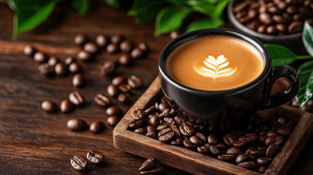 A beautifully crafted latte in a black cup with a delicate leaf design, surrounded by coffee beans and green leaves, perfect for coffee lovers and cafe enthusiasts.の素材