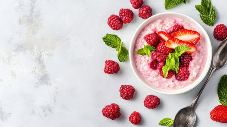 A vibrant yogurt bowl featuring fresh raspberries and strawberries, garnished with mint leaves. Perfect for a healthy breakfast or a refreshing snack.の素材