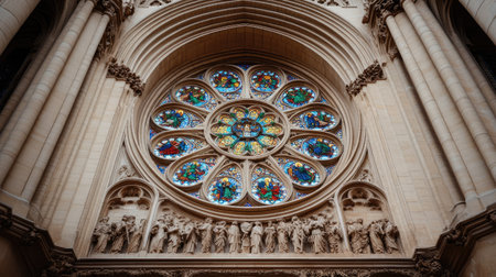 This captivating image showcases a stunning rose window with intricate stained glass in a Gothic cathedral, highlighting the beauty of historical architecture.の素材