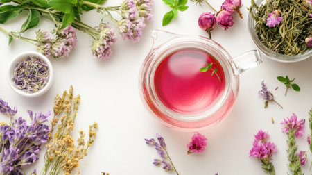 A beautiful scene featuring a glass teapot with pink herbal tea surrounded by fresh flowers and herbs. This tranquil setup enhances wellness and relaxation.の素材