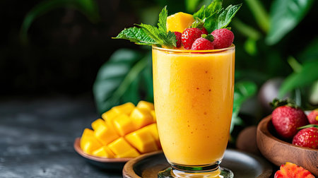 A vibrant mango strawberry smoothie garnished with fresh mint and strawberries, served in a clear glass. Perfect for summer refreshment and healthy living.の素材