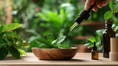 A hand holds a dropper filled with essential oil above a wooden bowl of fresh green leaves. The image evokes themes of wellness and natural beauty in a serene environment.の素材