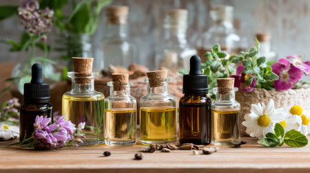 A collection of natural oils in glass bottles displayed with fresh herbs and colorful flowers on a wooden table. Ideal for wellness and beauty themes.の素材