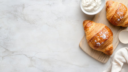Enjoy the warm, flaky texture of freshly baked croissants served on a wooden board with cream. Perfect for breakfast or a cozy brunch setting.の素材