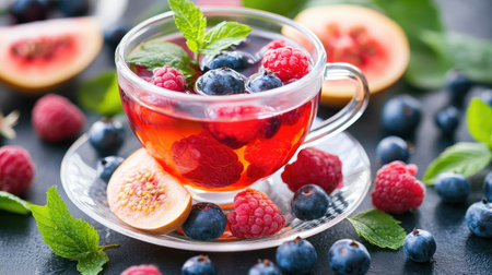 A vibrant glass cup filled with a berry infusion featuring fresh raspberries, blueberries, and mint leaves, ideal for a refreshing drink in summer.の素材