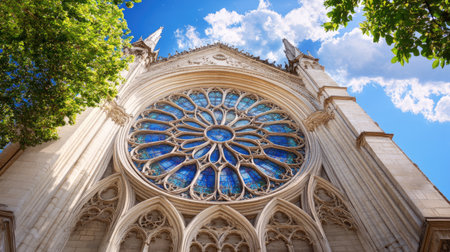 Captivating view of a rose window on a cathedral, showcasing intricate stained glass details against a bright sky and lush greenery, highlighting architectural beauty.の素材