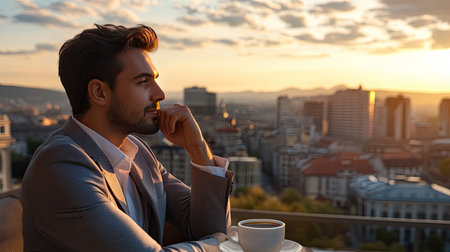A pensive man enjoys a cup of coffee while taking in a stunning sunset over a vibrant cityscape. The moment captures a blend of relaxation and reflection.の素材