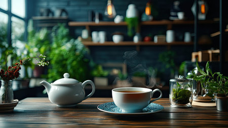 A serene tea setup featuring a steaming cup and elegant teapot among indoor plants, creating a cozy atmosphere perfect for relaxation and enjoyment.の素材