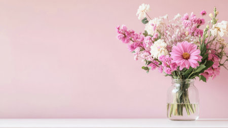 A stunning floral arrangement featuring various pink flowers in a jar. The soft pink background enhances the beauty and charm of the blossoms, ideal for decor.の素材