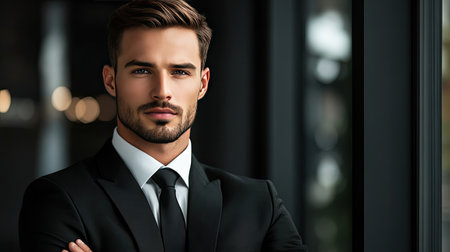 A confident businessman exudes professionalism in this formal portrait. Set in a stylish office, he presents a serious demeanor that reflects success and ambition.の素材