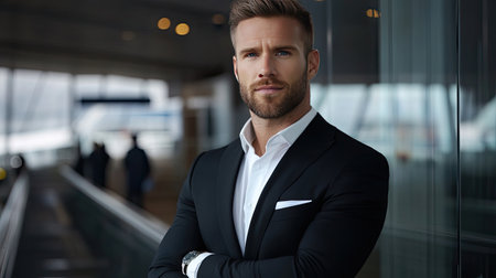 A confident businessman poses in a modern office environment, exuding professionalism and style. His serious expression and elegant outfit signify success and determination in the corporate world.の素材