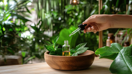 A hand delicately holds a dropper above a glass bottle, surrounded by lush green leaves in a wooden bowl, creating a serene and natural aesthetic for wellness.の素材