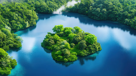 Discover the tranquil beauty of a lush green island surrounded by calm blue water, creating a serene escape in nature's untouched paradise.の素材