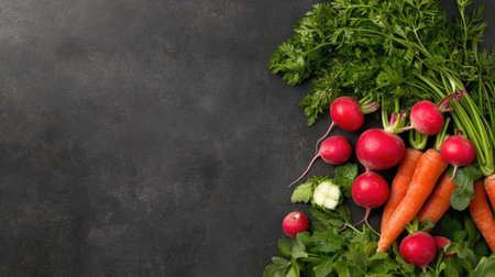 A vibrant arrangement of fresh organic radishes and carrots with parsley on a dark surface. Perfect for healthy recipes and culinary inspiration.の素材