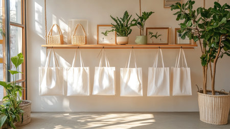 This serene and modern interior features an elegant display of eco-friendly tote bags on a wooden shelf, surrounded by lush greenery and natural light.の素材