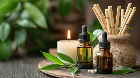 Captivating arrangement featuring essential oils, a tranquil candle, and bamboo sticks, perfect for creating a serene ambiance in any wellness space.の素材