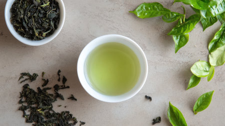 A serene arrangement featuring green tea leaves alongside a brewed cup, perfect for showcasing the health benefits and enjoyment of this natural drink.の素材
