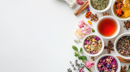 A beautiful arrangement of herbs, spices, and flowers in bowls, showcasing vibrant colors and textures, perfect for cooking, herbal remedies, or decoration.の素材