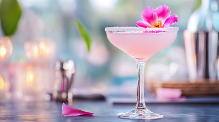 A beautifully crafted pink cocktail garnished with an orchid flower, presented in an elegant glass. Perfect for summer parties and celebrations.の素材