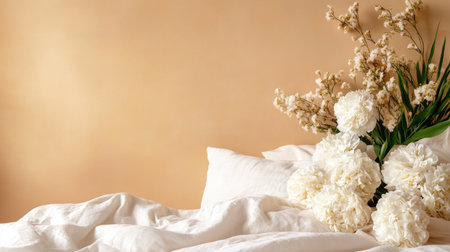 A beautiful white floral arrangement placed on soft white bedding creates a calming atmosphere. Ideal for design and decor inspiration in cozy interiors.の素材